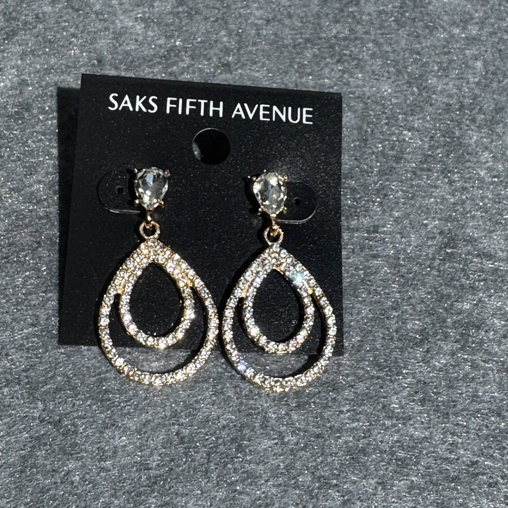 Saks Fifth Ave Gold Tone Double Teardrop Dangle Earrings Crystal Embellishment